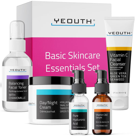 YEOUTH Skin Care Set: Hyaluronic Acid Serum for Face, Vitamin C Facial Serum, Face Cleanser, Toner & Cream, Hydrating Skin Care Kit 5-Piece