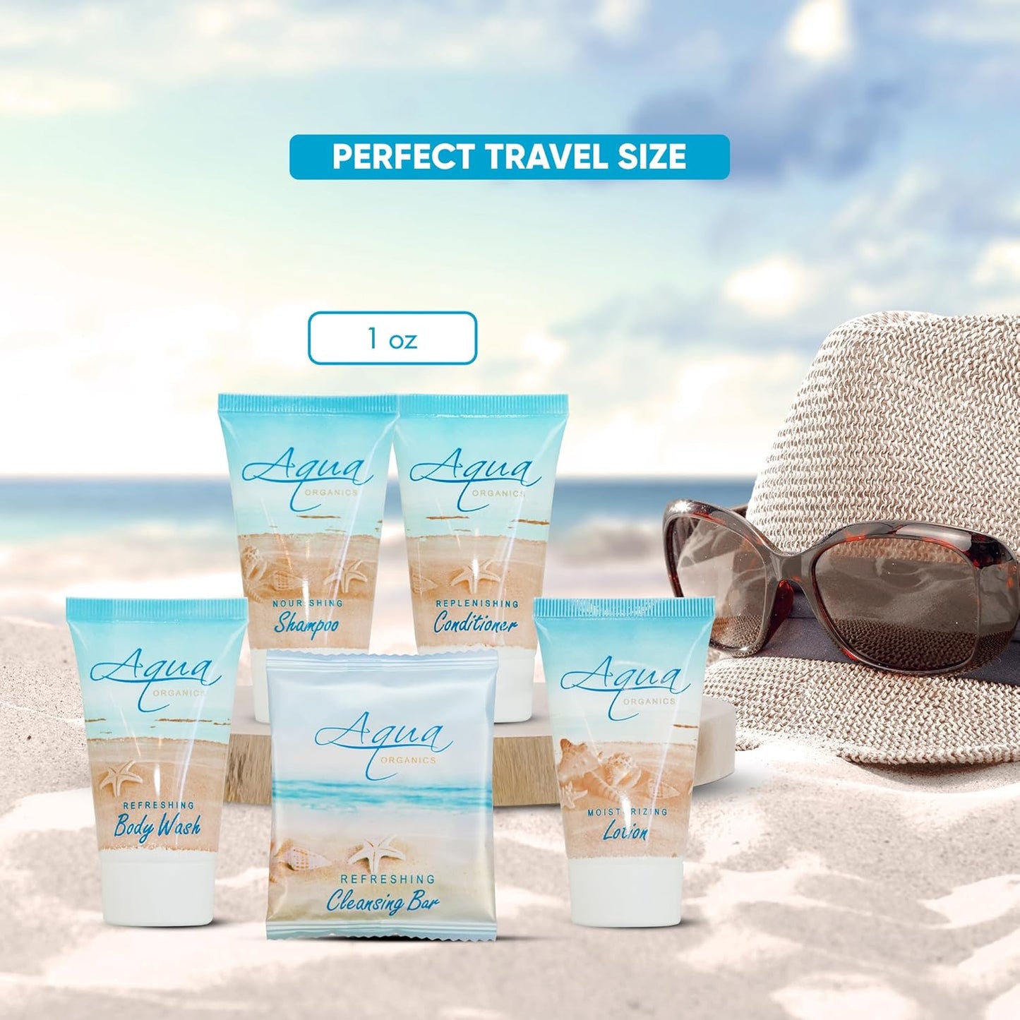 Aqua Organics Hotel Soaps & Toiletries Bulk Set | 1-Shoppe Amenities Kit | 1oz Shampoo & Conditioner, Body Wash, Lotion, 1oz Bar Soap | Travel Size | 75 Pieces