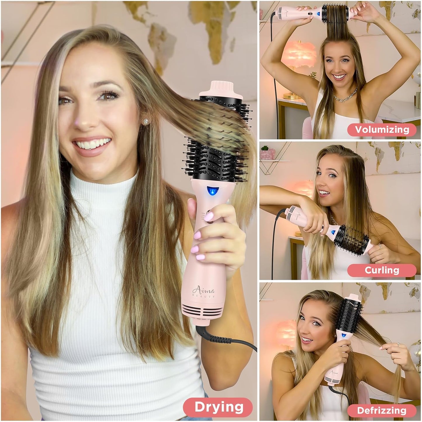 Hair Dryer Brush, Aima Beauty One Step Hair Dryer and Styler Volumizer with Negative Ion for Reducing Frizz and Static, Hair Styling Tools, Pink