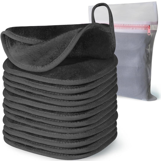 Makeup Remover Cloth, 6" x 6" Makeup Remover Towels Reusable Face Cloth for Washing Face, Makeup Remover Pads Microfiber Face Washcloth with Mesh Bag, 12 Pack, Grey