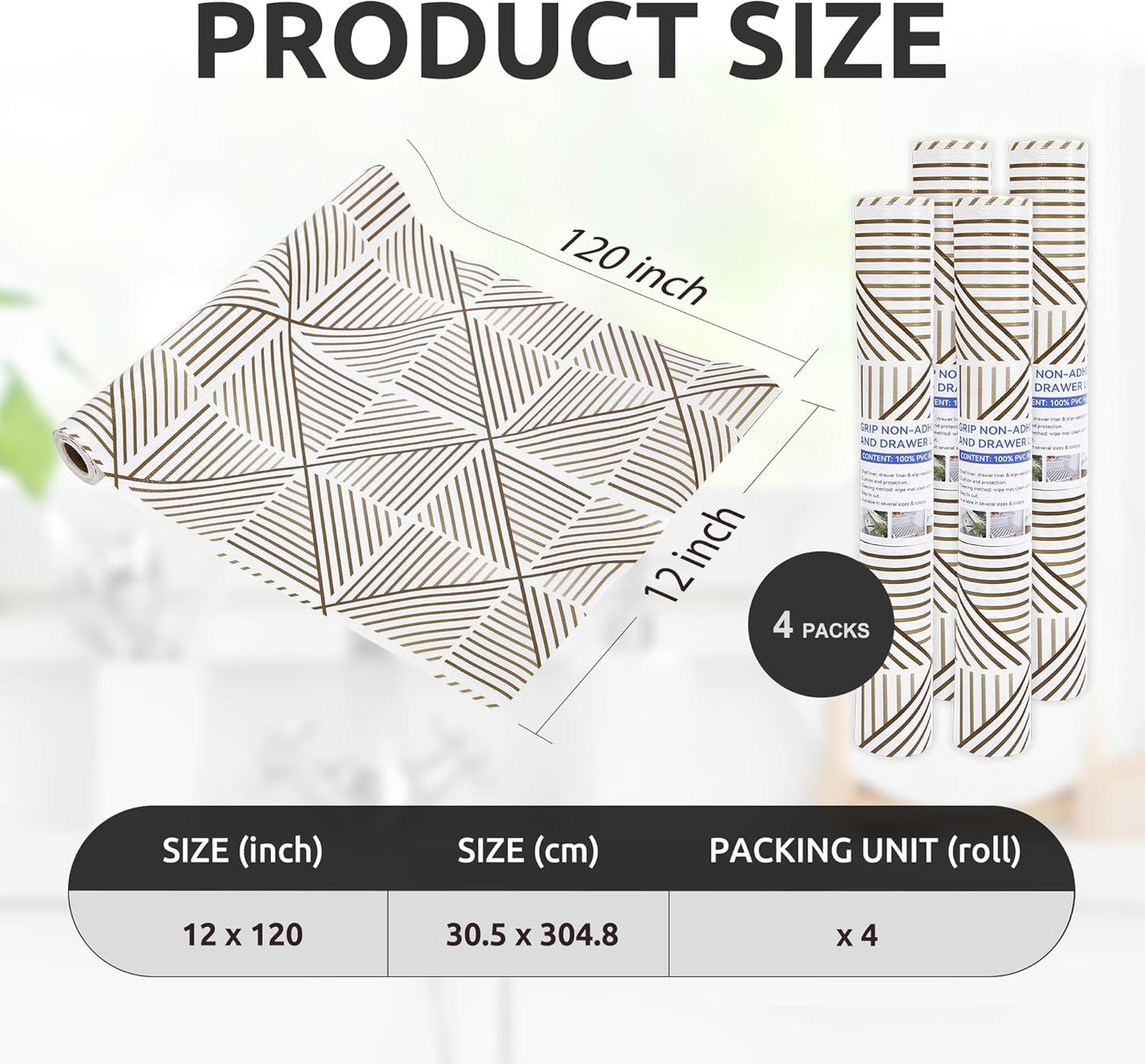 RAY STAR 12X120 Inch Shelf Liner for Kitchen Cabinets, Non-Adhesive Cabinet Liner Washable, PVC Drawer Liner for Dresser Non-Slip Bathroom (Classic)(4 Roll)