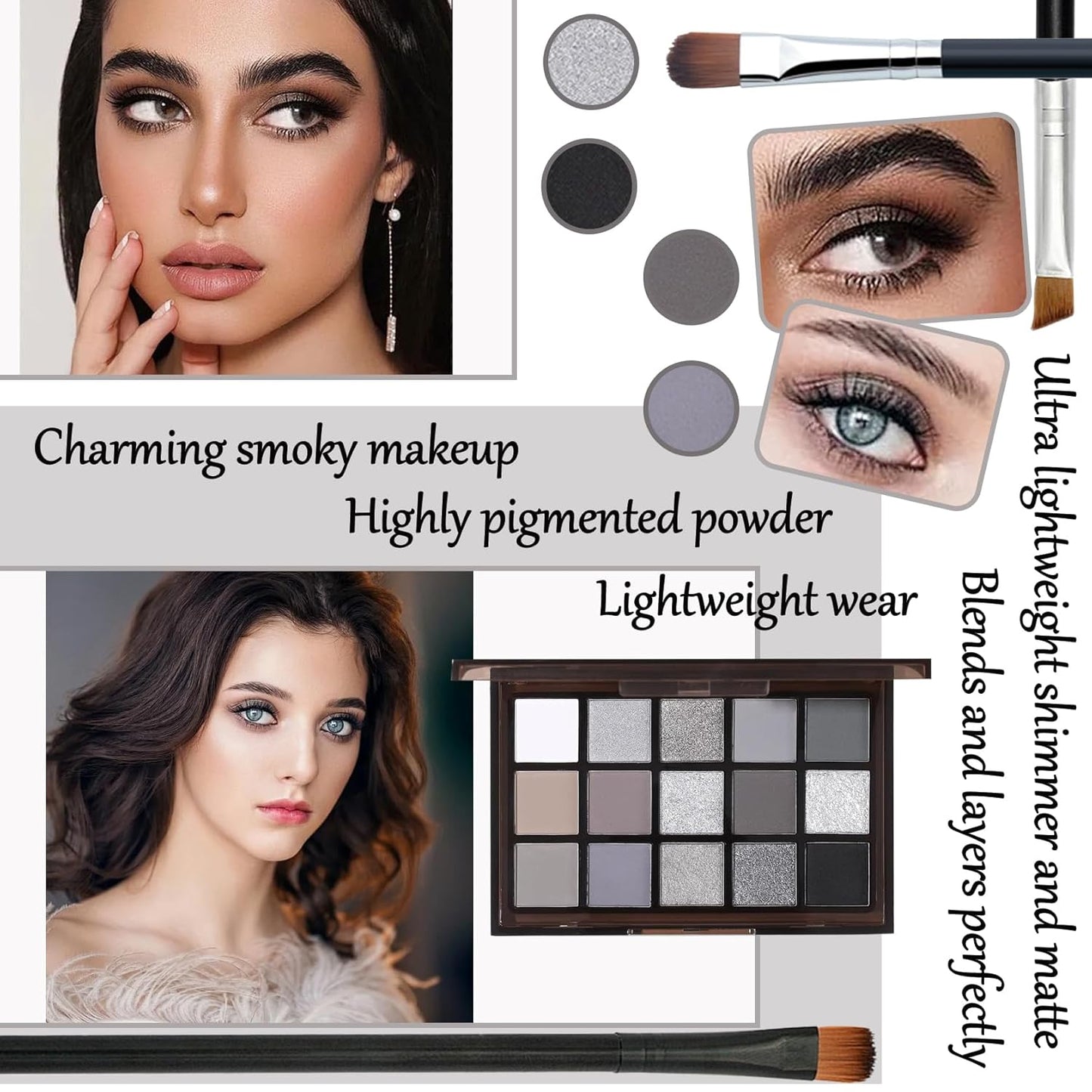 Black Grey Smoky Eyeshadow Palette,15 Colors Matte Shimmer Pigmented Eye Shadow Makeup Palette Set with 3 Eyeshadow Brushes,Glitter Eyeshadow Makeup Palette for Daily Halloween Goth Makeup(A)