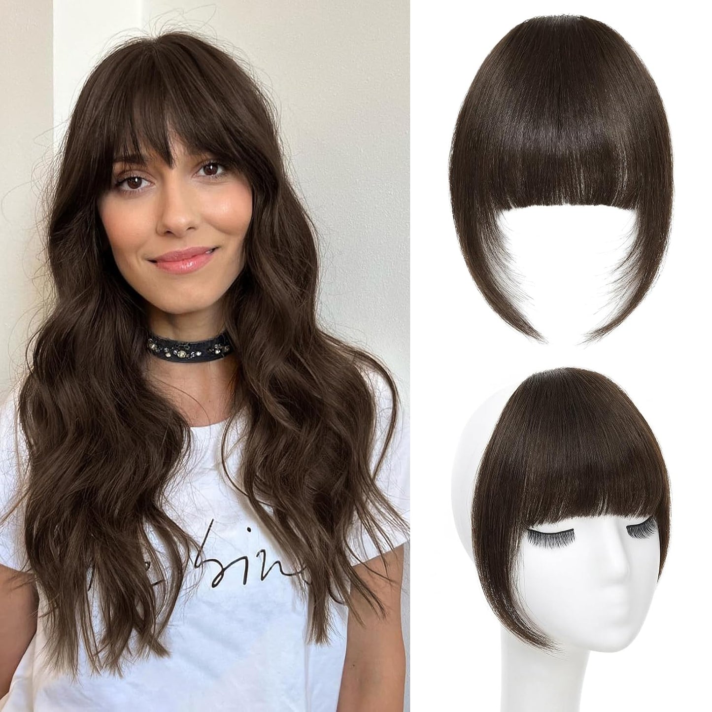 Clip In Bangs for Women, Dark Brown French Bangs Hair Clip with Temples, 100% Real Human Hair Layered Curved Fringe for Halloween and Daily Use(Dark Brown, French Bangs)