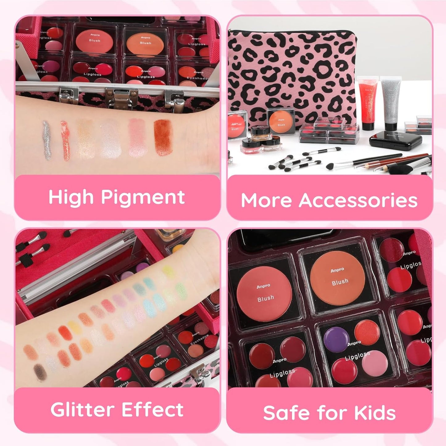 Anpro All-In-One Leopord Double Folding Makeup Carry Case with Pro Teen Makeup Set, Full Starter Kit with Makeup Brushes, Lipsticks, Eyeshadow Palette, Blushes, Glitter Gel, Ideal Present for Girls