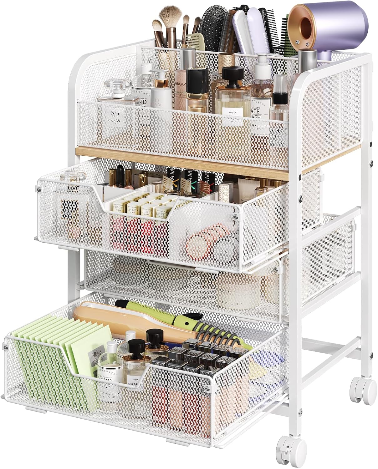 3 Drawers Makeup Cart Organizer with Divider, Under Desk Floor Skincare Organizers, Vanity Storage Organizer Cosmetics Display Cases for Skin Care Perfume Nail Polish, White
