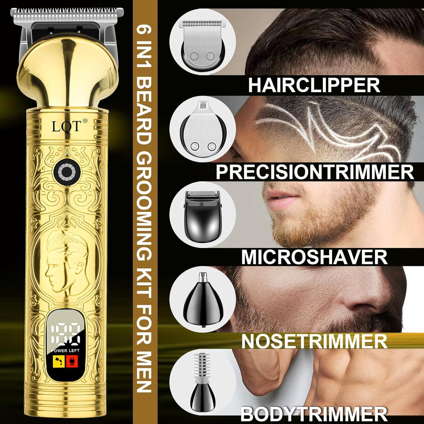Beard Trimmer for Men, Portable 6 in 1 Hair Clippers,Waterproof Cordless Hair Clipper,Mens Grooming Kit for Mustache Facial Hair, Rechargeable Beard Trimmer Kit, Gifts for Men(Gold)