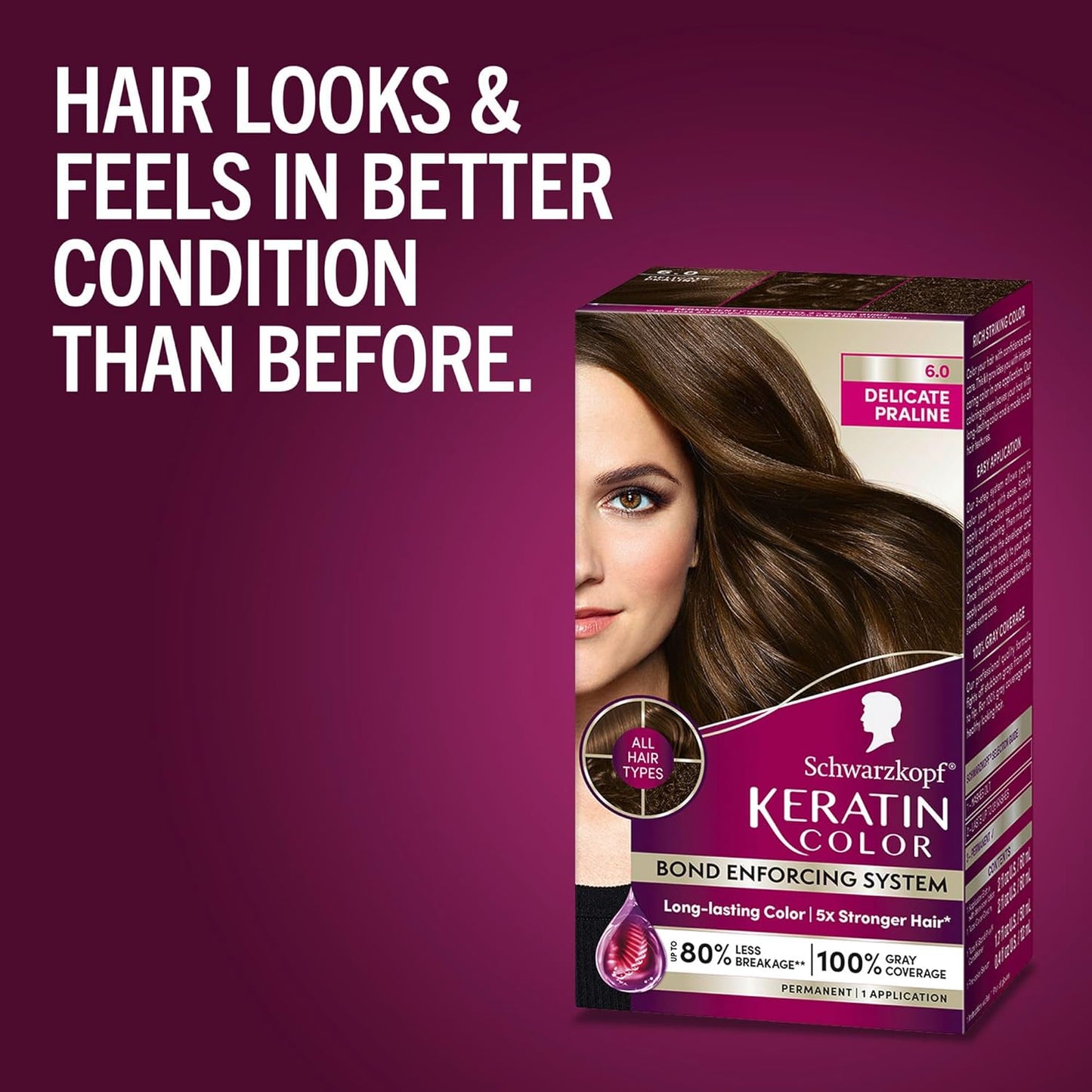 Schwarzkopf Keratin Permanent Hair Dye Cream, 6.0 Delicate Praline, Professional Quality Color for Up to 100% Gray Coverage, Bond Enforcing System