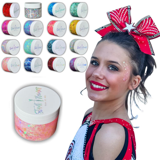 Stunt Trainer Cheer Glitter Face Body Makeup Peel Off Gel Chunky Holographic 15 Colors 1.6oz Vegan Cruelty Free Nontoxic Cheerleader Cheerleading Makeup