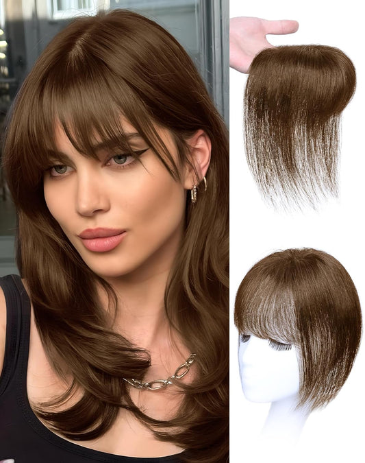 Hair Toppers for Women Real Human Hair, Bangs Hair Clip 360°3D Cover Clip on Bangs for Women Fake Bangs for Daily Wear (10 Inch Brown)