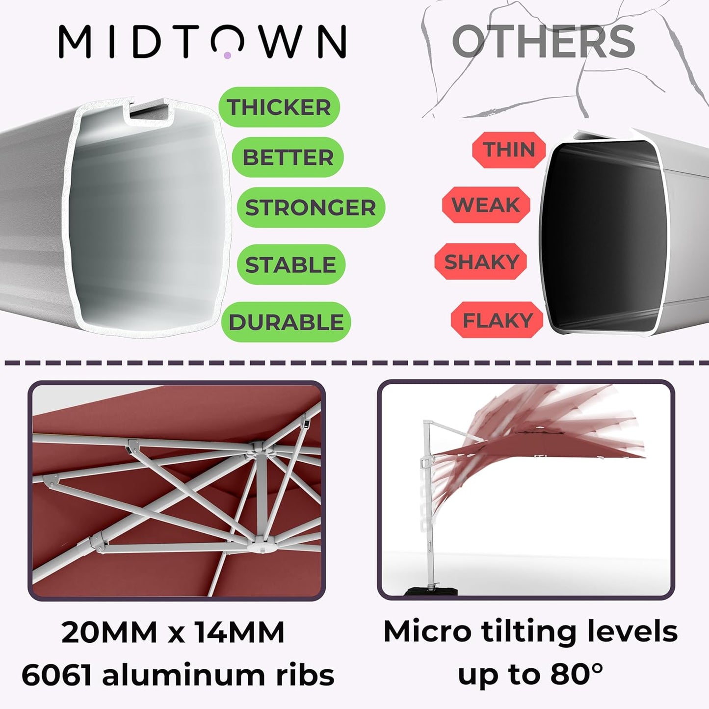 Midtown Umbrellas 10 Ft Outdoor Cantilever Patio Umbrella w/Terylast Cherry Burgundy Fabric - Rotate 360° Offset Patio Umbrella, Deck Patio Umbrella, Backyard Umbrella & Garden Umbrella - Silver Frame