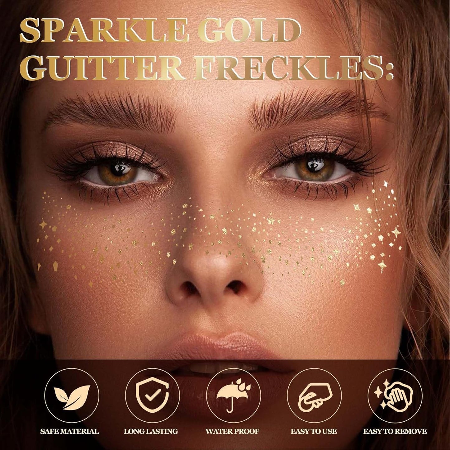 10 Pcs Glitter Freckles Face Tattoo, Face Glitter Makeup Patches, Waterproof Sparkle Freckles Tattoo Fairy Makeup Accessories For Women (Gold)