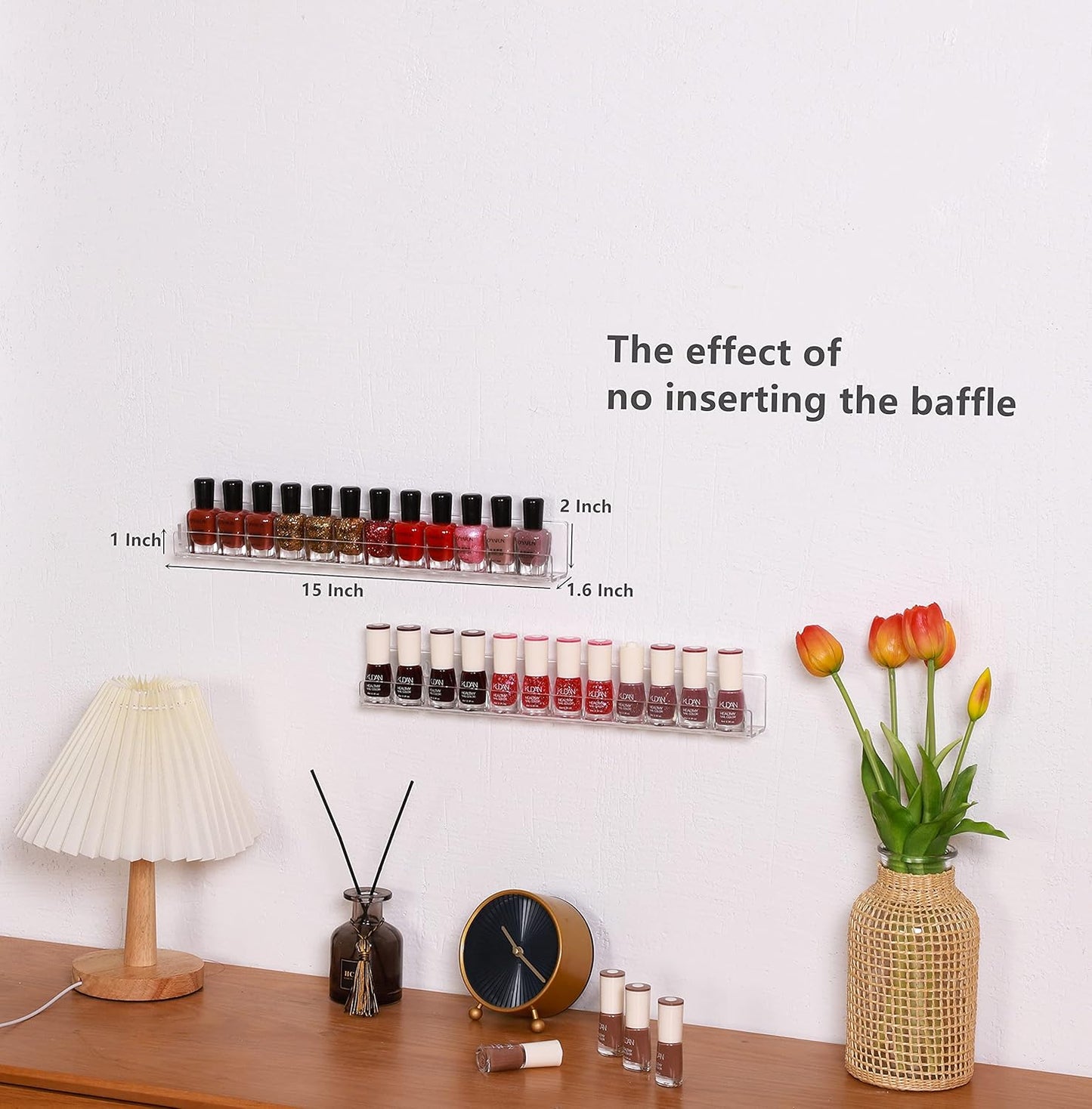 LikeU Nail Polish Rack Wall Mounted Shelf 2 Pack,Clear Acrylic Nail Polish Holder Organizer with Removable Anti-Slip End Inserts,2 Tiers Floating Polish Organizer Display 30 Bottles