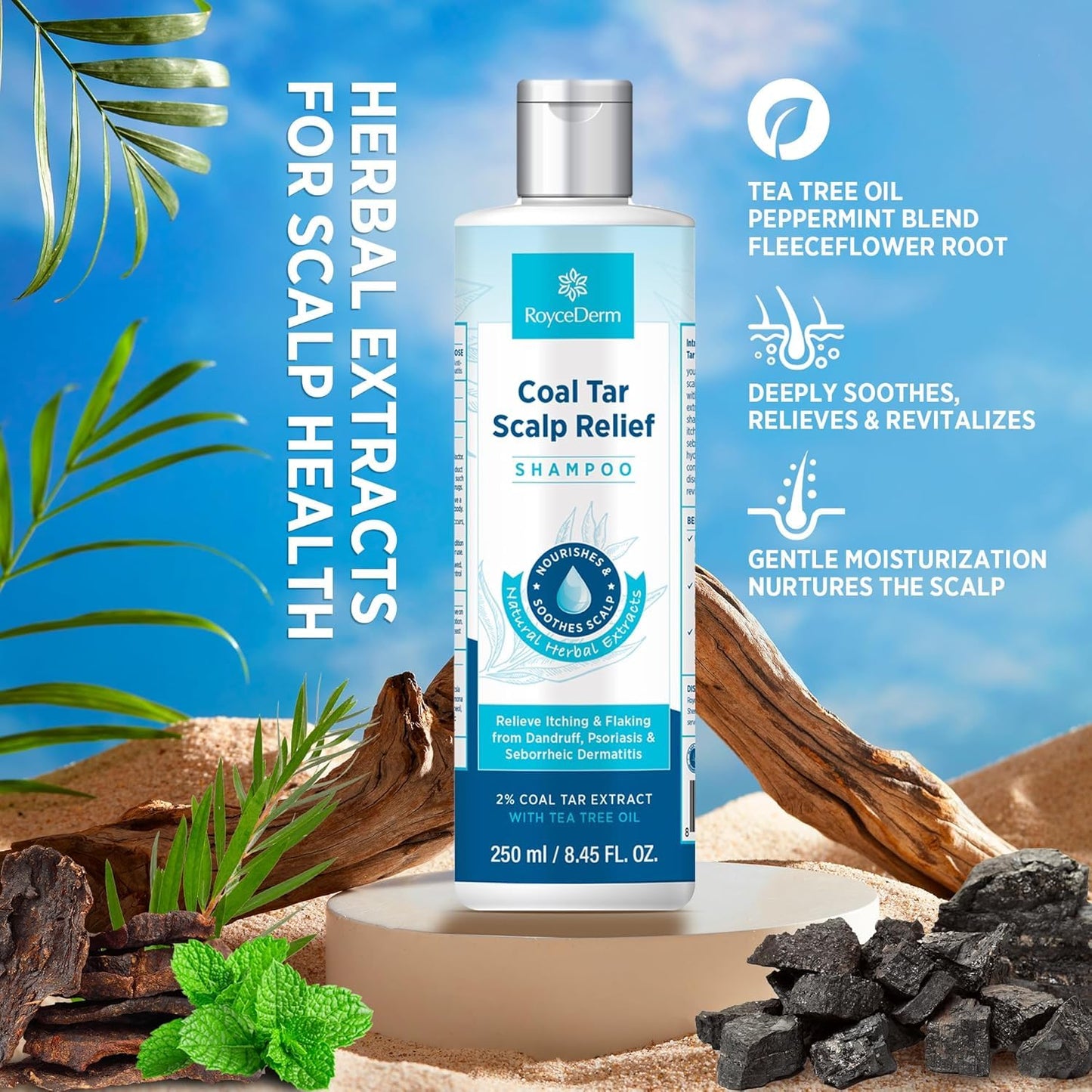 Roycederm Coal Tar Dandruff Shampoo: Extra Strength 2% Coal Tar Extract Medicated Gel for Rapid Scalp Hair Relief targets dandruff, psoriasis, and seborrheic dermatitis - Hydrating & Natural - 2 Pack