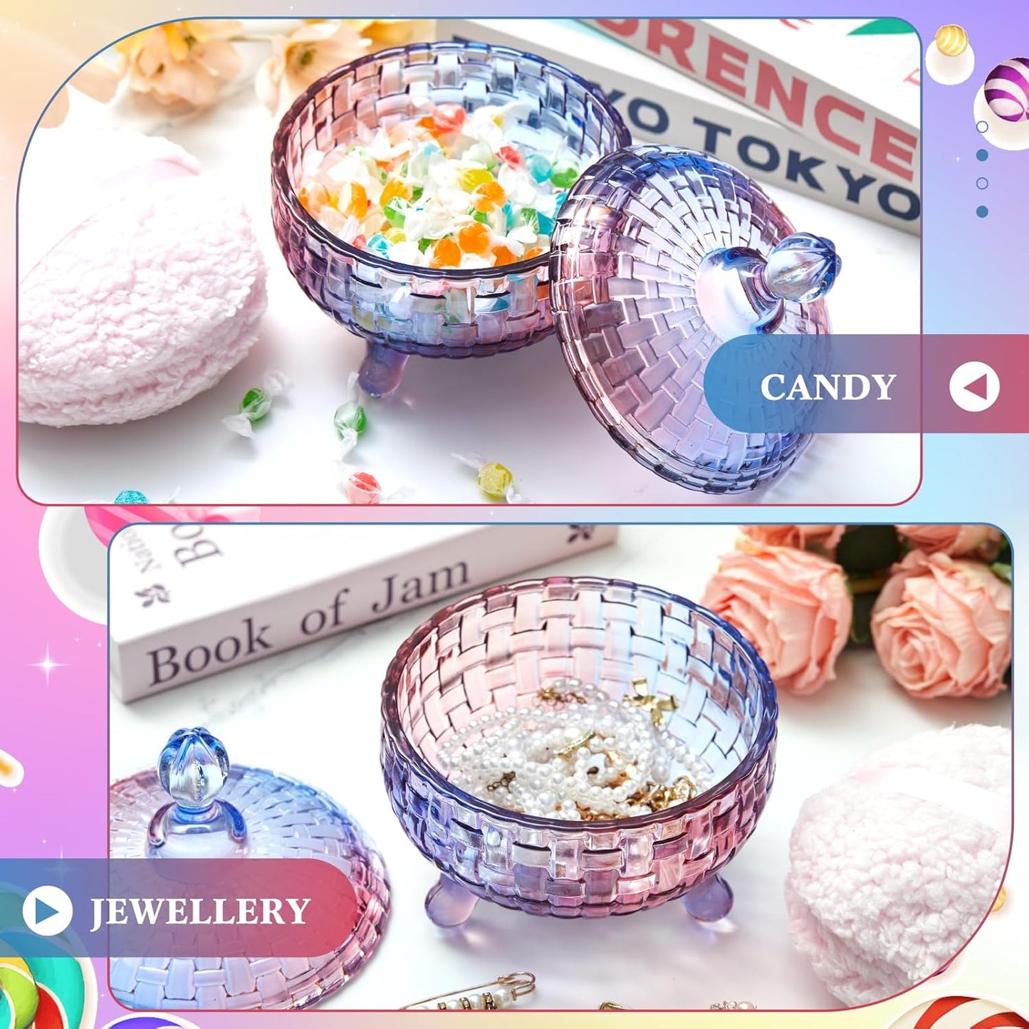 Tioncy 2 Pcs Extra Large Dusting Powder Puff and Container 6'' Body Powder Puff and Crystal Container for Women Soft Washable Reusable Velour Face (Gradient)