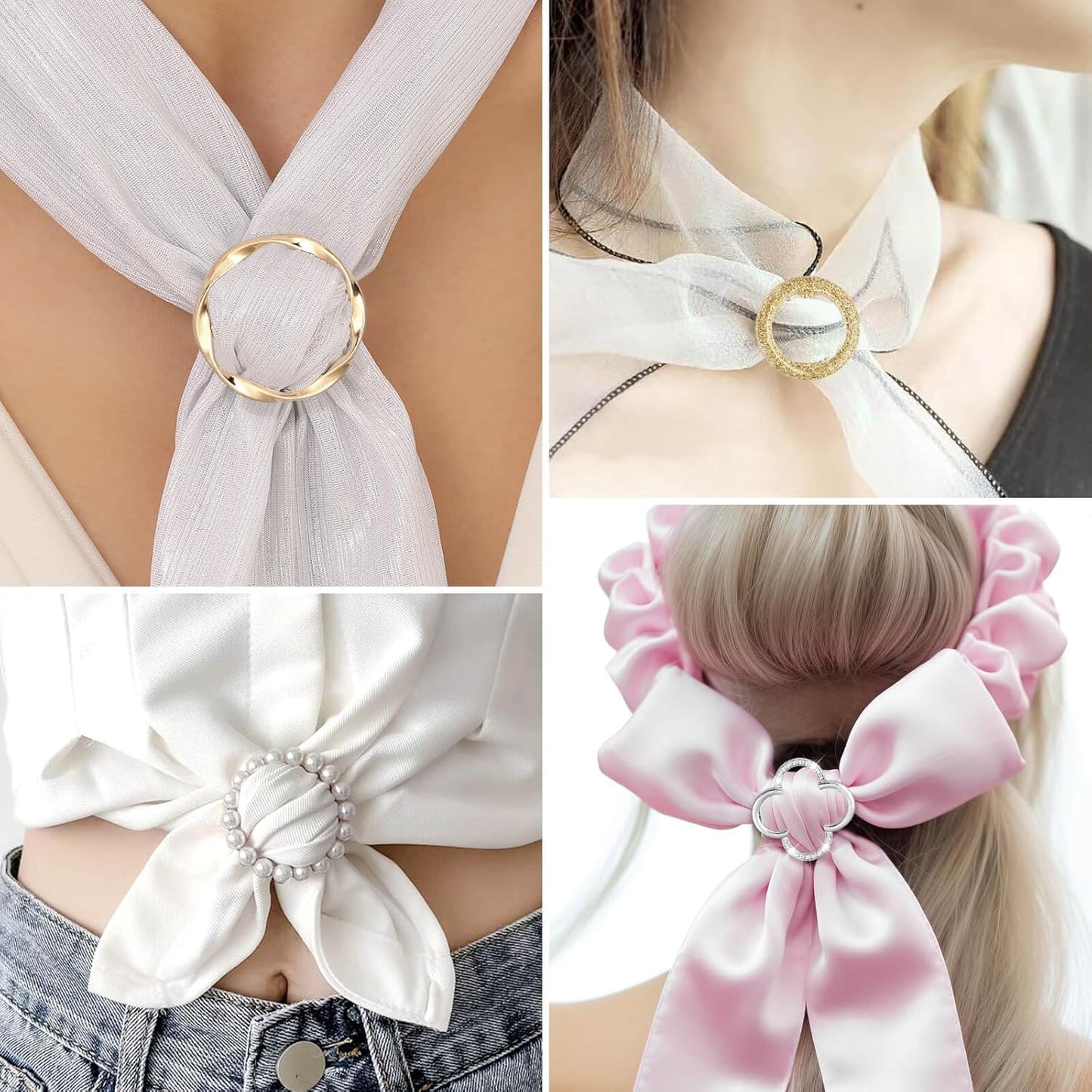 10 PCS Scarf Rings for Women, T-Shirt Tie Clips with 1 Storage Bag, Pearl Belt Buckles, Dress Cinch Clip, Silk Scarf Ring, Pearl/Heart-Shaped Buckles For Clothes Hat Belt Decor