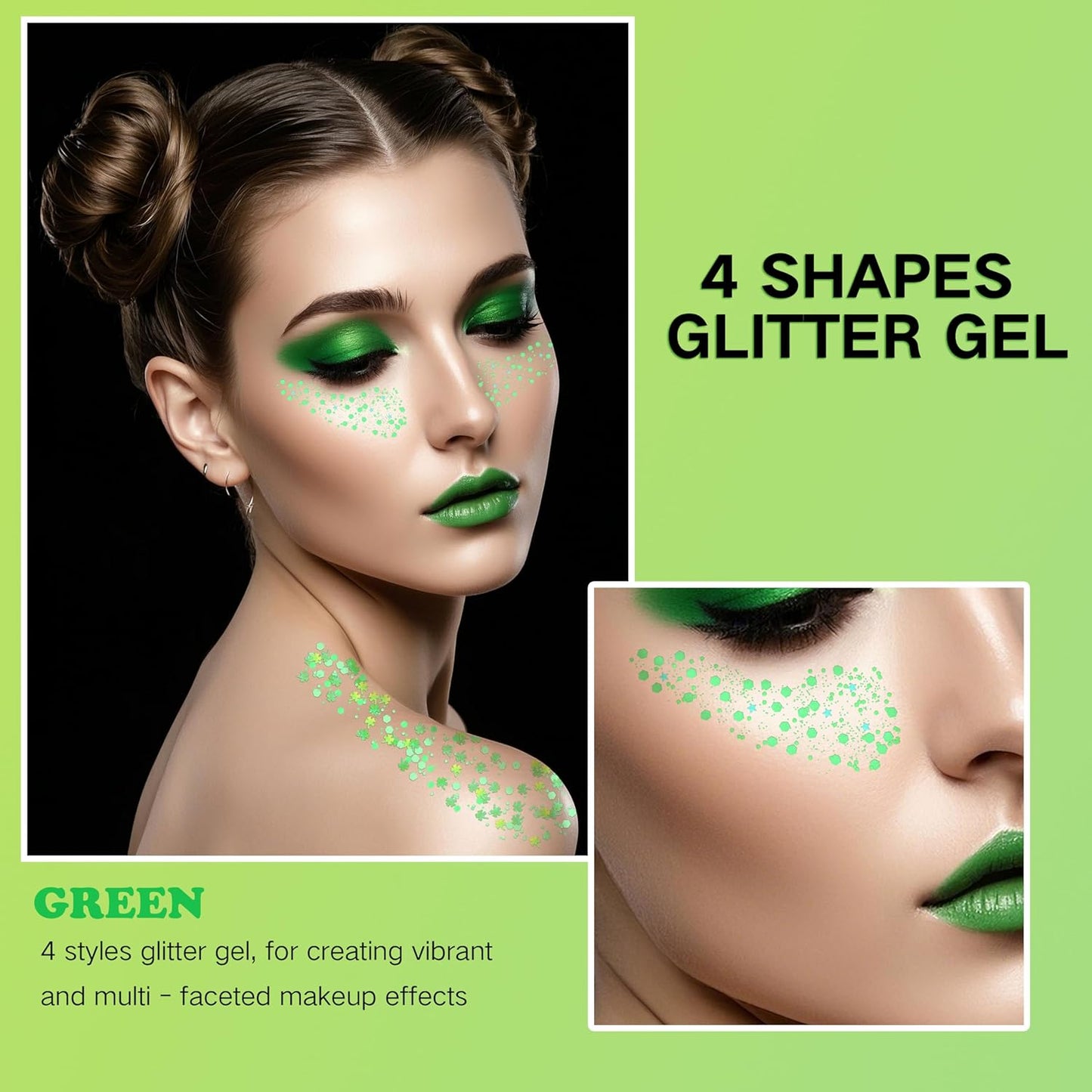 Green Face Glitter Gel,4 Styles St Patricks Day Body Glitter,Singer Concert Outfit for Women,Sparkling Hair Glitter Makeup Rave Festival Accessories,40g/1.41 oz