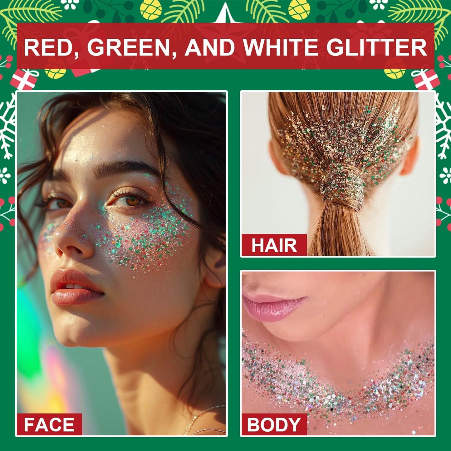 Christmas Body Glitter Stick, Waterproof Halloween Face Glitter Gel, Chunky Glitter Face Paint, Orange Purple Black Sequin Hair Glitter Makeup for Women and Kid (Green Red White)