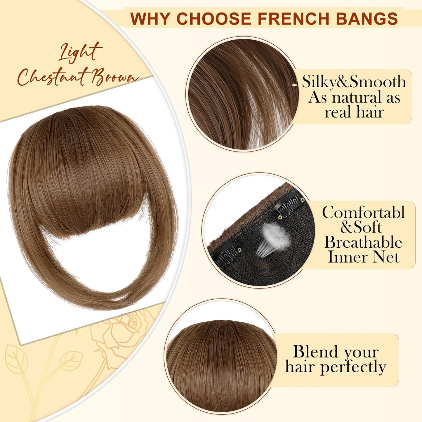 Bangs Hair Clip in Bangs, Fake Bangs Natrual Clip on Bangs Brown,Faux Bangs Easy Clip in Hair Extenisons,French Bangs Fringe with Temples Hairpieces Curved Bangs for Daily Wear