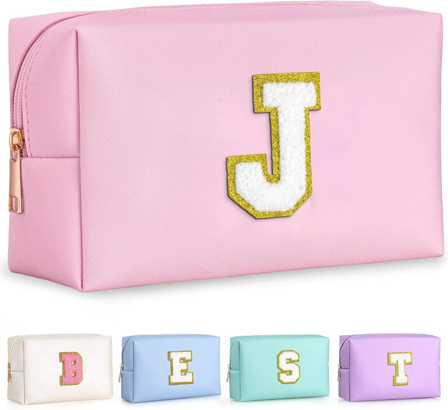 TOPEAST Birthday Gifts for Girls, Travel Makeup Bag Chenille Letter Pouch Cosmetic Bag, Makeup Travel Organizer, Monogrammed Bridesmaid Gifts for Women, Cute Stuff for Girls (Pink J)