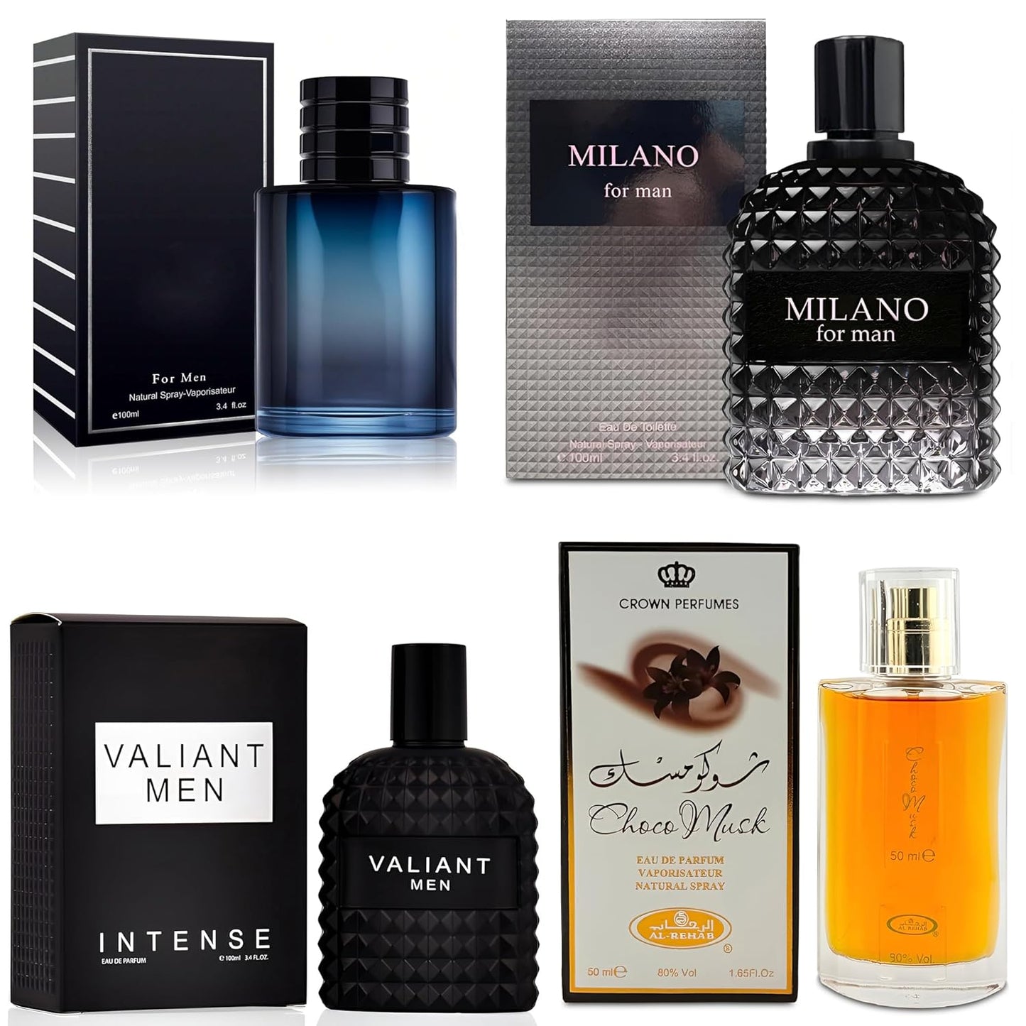 4-Piece Cologne for Men Includes Choco Musk/SE/Valiant/Milano Scent of Woody, Spicy, Citrus & Aromatic eau de parfum Men Gift Set Each 100Ml for Daily Use