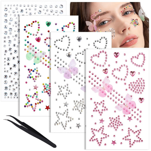 YGDZ Face Jewels, Face Gems Self Adhesive Rhinestones Stickers, Star Hair Gems, Butterfly, Heart Festival Face Stickers for Kids, Women, Y2K Rave Accessories