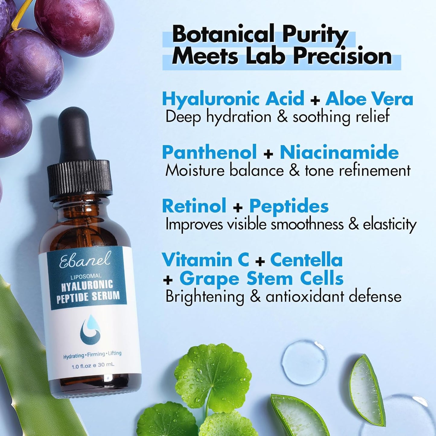 Ebanel Hyaluronic Acid Serum for Face with Peptides & Niacinamide, Hydrating Face Serum for Women, Age-Defying Formula Infused with Vitamins B, C & E to Plump, Firm & Smooth Skin