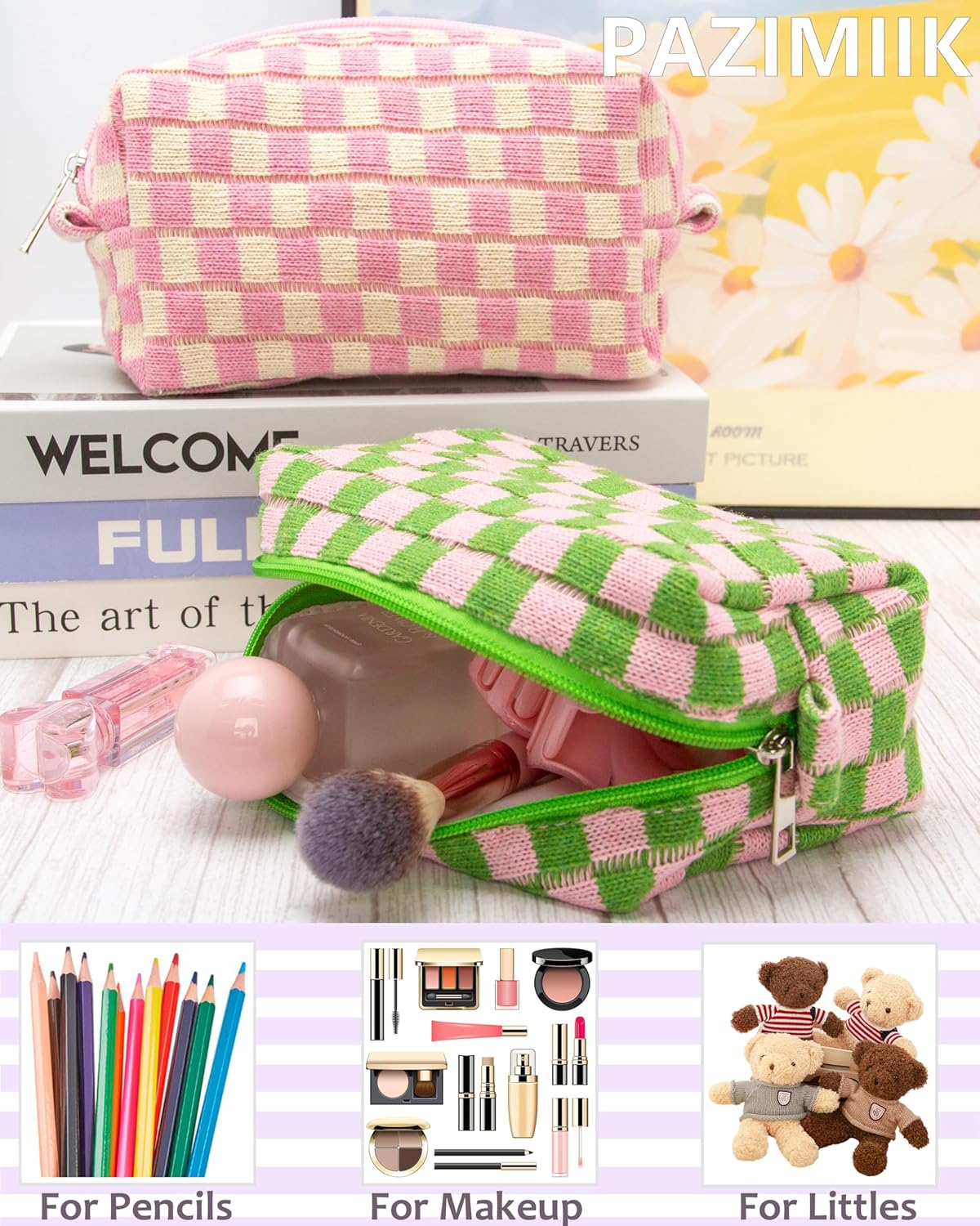 PAZIMIIK 2PCS Checkered Makeup Bag for Purse Portable Zipper Make Up Pouch Small Cosmetic Case for Travel Accessories Pink Green