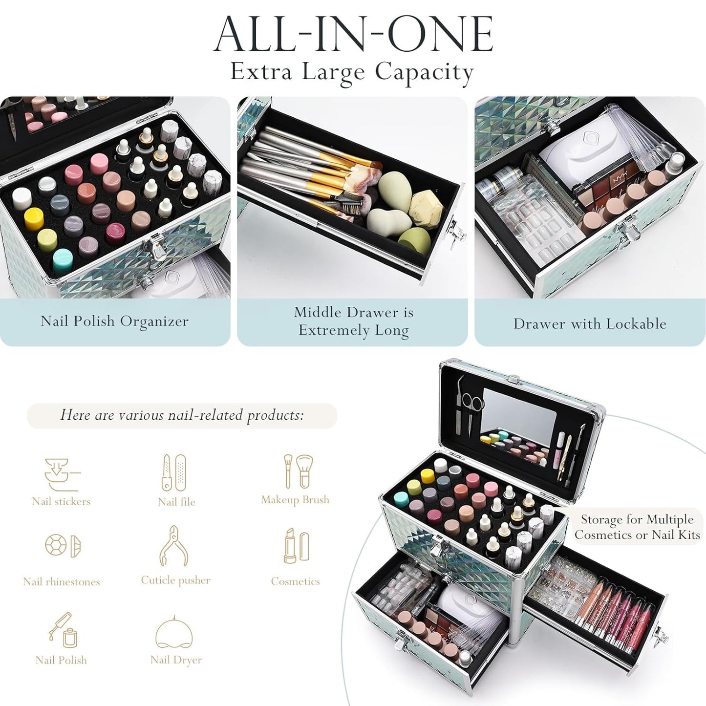 FRENESSA Extra Large Makeup Organizer with Drawer, Mirror, Dividers, Travel Nail Art Case - Watery Blue