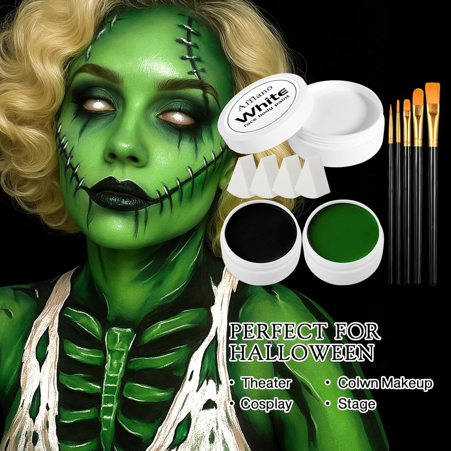 Black White Green Face Paint Kit – 3×50g Oil-Based Grease Makeup with Remover Balm, Brushes & Sponges – Waterproof, Sweat-Proof, Full Coverage Halloween, Cosplay & Stage SFX Makeup