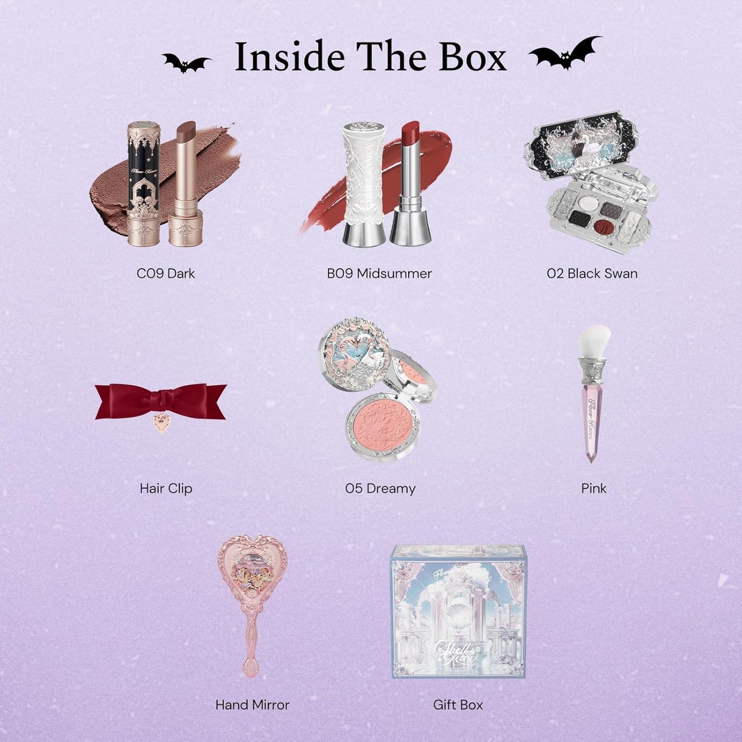 Flower Knows Swan Ballet Halloween 8-Piece Makeup Gift Box Set,Matte Lipstick + Shine Lipstick + Blush+ Eyeshadow Palette + Hand Mirror + Hair Clip + Blush Brush +Gift Box,Gift for Women & Girls