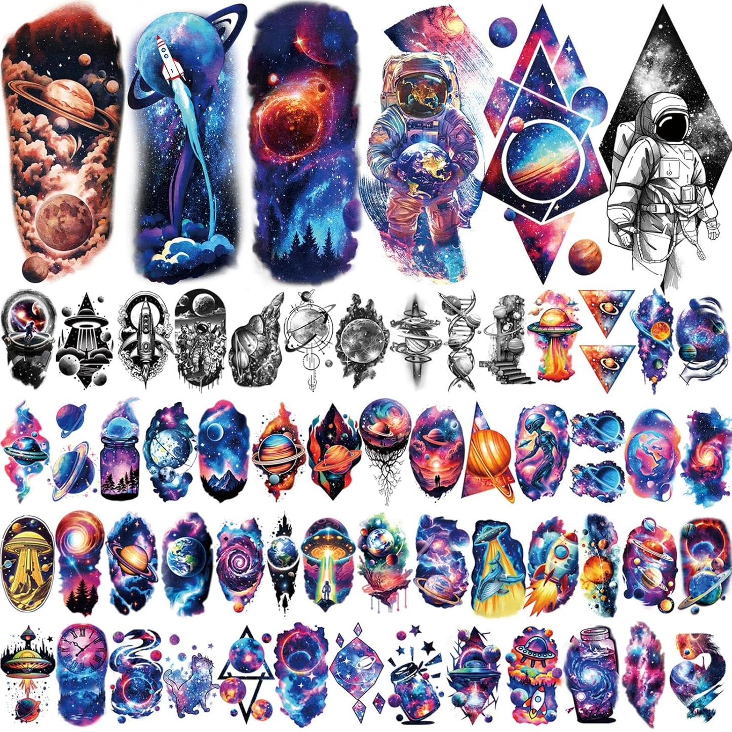 77 Sheets Temporary Tattoos, 17 Sheets Space Planet Astronaut Rockets Half Arm Fake Tattoo for Adults Men Women, 60 Sheets Small Waterproof Lasting Stickers Tattoo for Boys Girls Kids Party