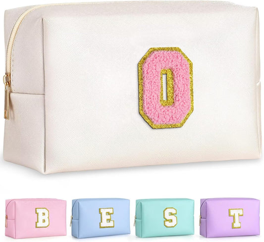 TOPEAST Small Makeup Bag Initial Cosmetic Bag Travel Toiletry Bag, Personalized Birthday Gift for Mom Sister Friends Teacher Nurse, Preppy Travel Stuff for Girls (Pearly White O)