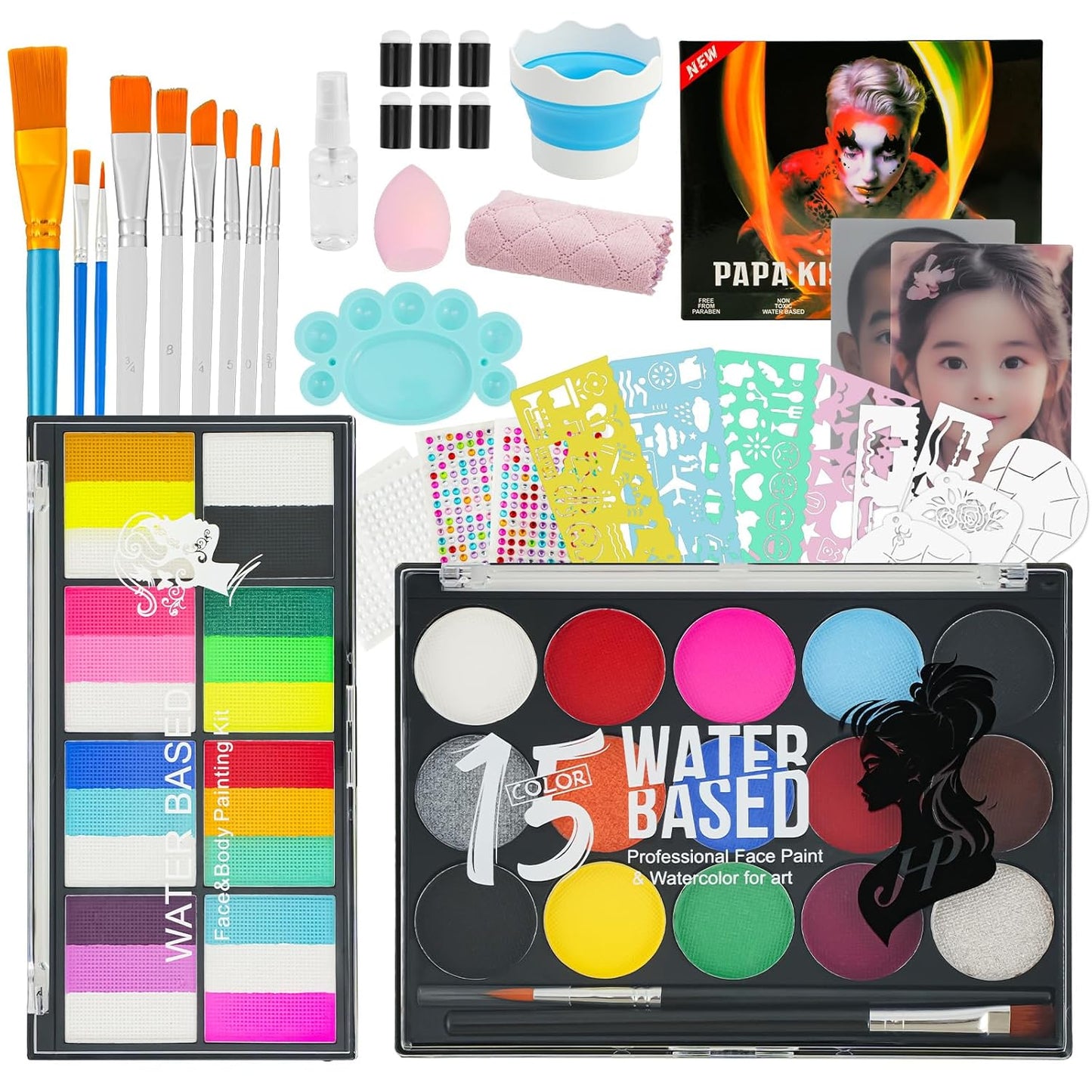 Face Painting Kit for Kids & Adults,18 Color+15 Color Non-toxic Water Activated Face Paint Palette,Halloween Makeup Kit.Ideal for Halloween,Carnival,Cosplay,Party,Arty Stage Makeup.