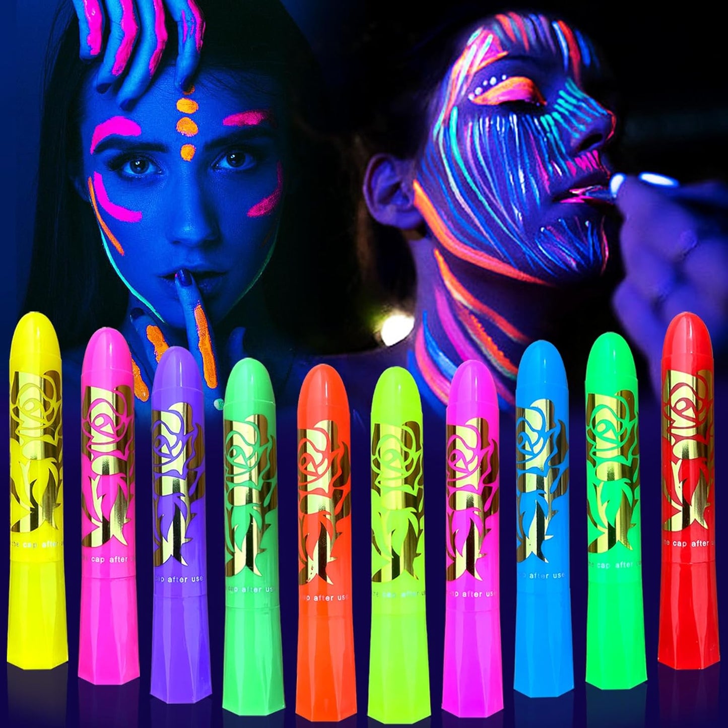 Glow in The Dark Face Body Paint, Glow In The Dark Under UV Black Light Sticks Makeup Neon Face Painting Kits for Adult Halloween Festival Accessory Glow Party Supplies (10 color pen)