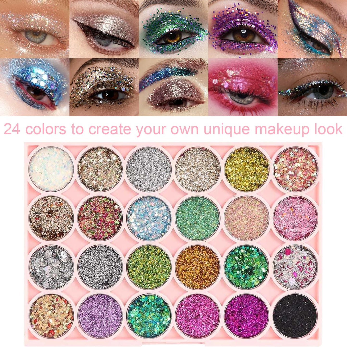 Glitter Eyeshadow Palette, 24 Colors Highly Pressed Pigmented Metallic Shimmer Sparkly Glitter Eyeshadow Makeup Pallet Palettes,Pink Blue Green Red Gold Purple Long Lasting Waterproof (24pcsA)