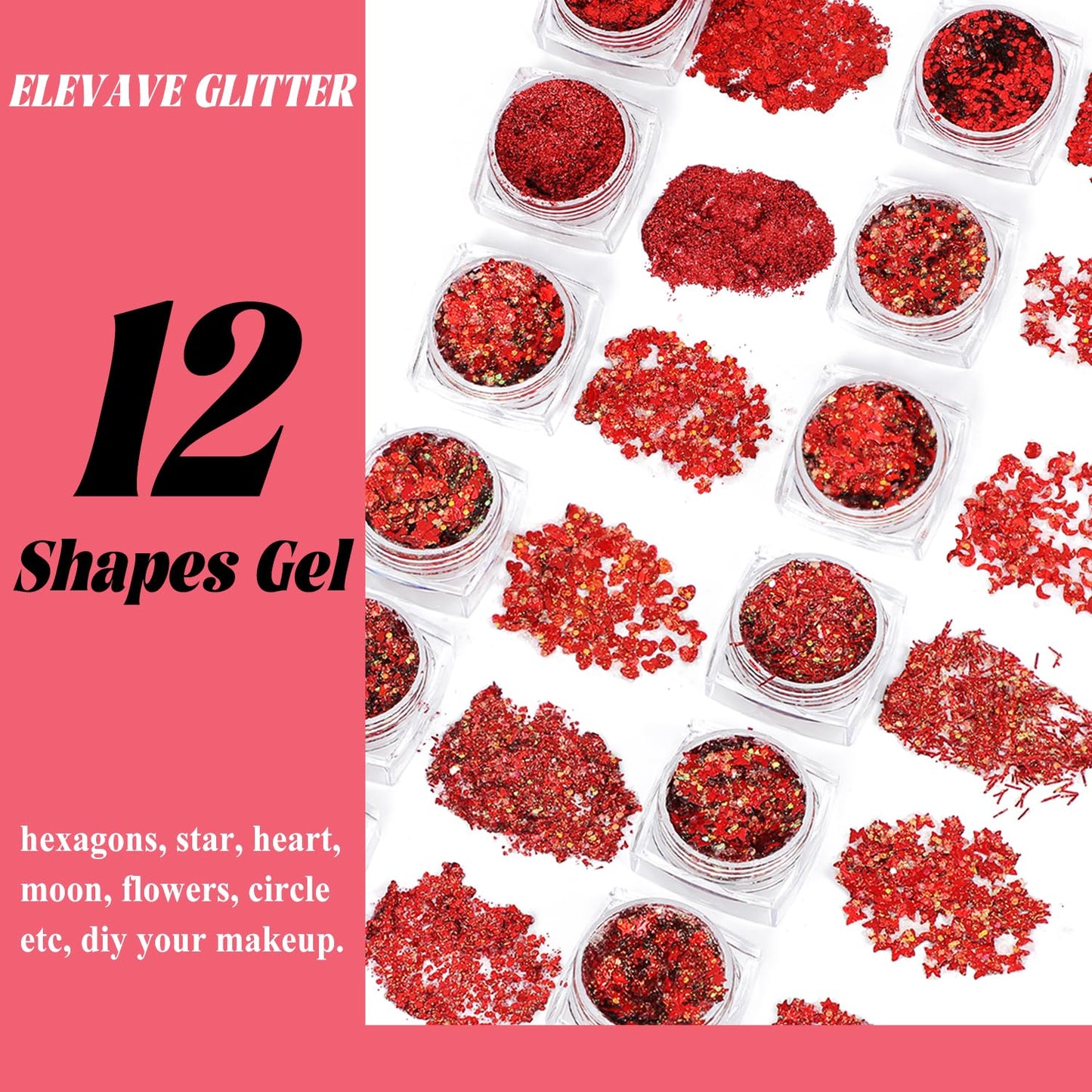 Body Glitter Face Glitter, Hair Glitter for Kids, 12 Shapes Fine Chunky Glitter Gel for Women Girls Makeup Sparkles Party Mermaid Sequins Rave Accessories Singer Concerts Festival (Red Scheme)