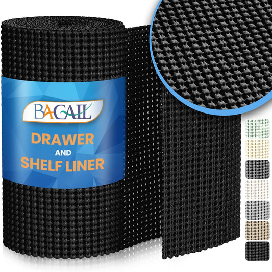 BAGAIL Drawer and Shelf Liner, 24 in X 20 Ft Non-Adhesive Shelf Liners for Kitchen Cabinets, Thick Strong Grip Liners for Desk, Shelves, Bathroom Drawers, Cabinet Protection - Black
