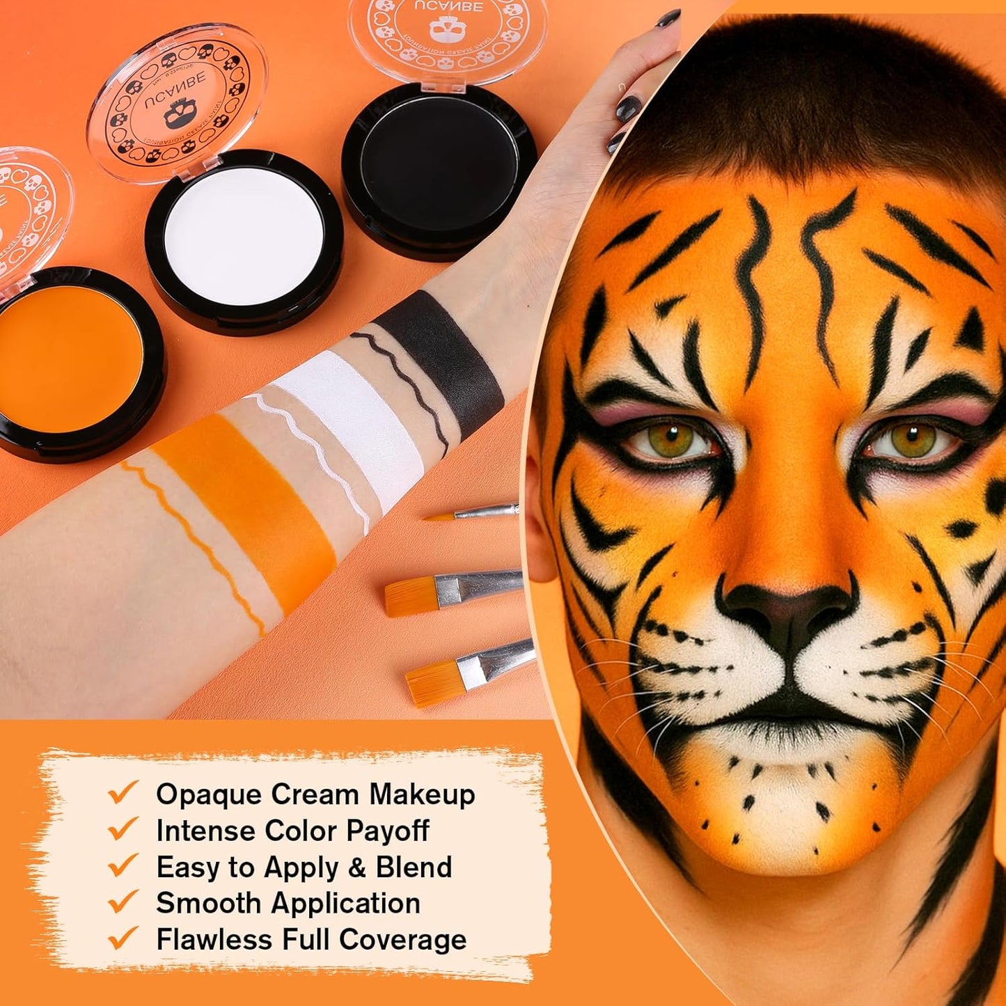 White Foundation + Black Orange Face Body Paint with Brushes for Halloween Pumpkin Clown Makeup, Non Toxic Face Painting Kit Facepaints Set for Kids Adults Party Scarecrow Tiger SFX Cosplay Make Up
