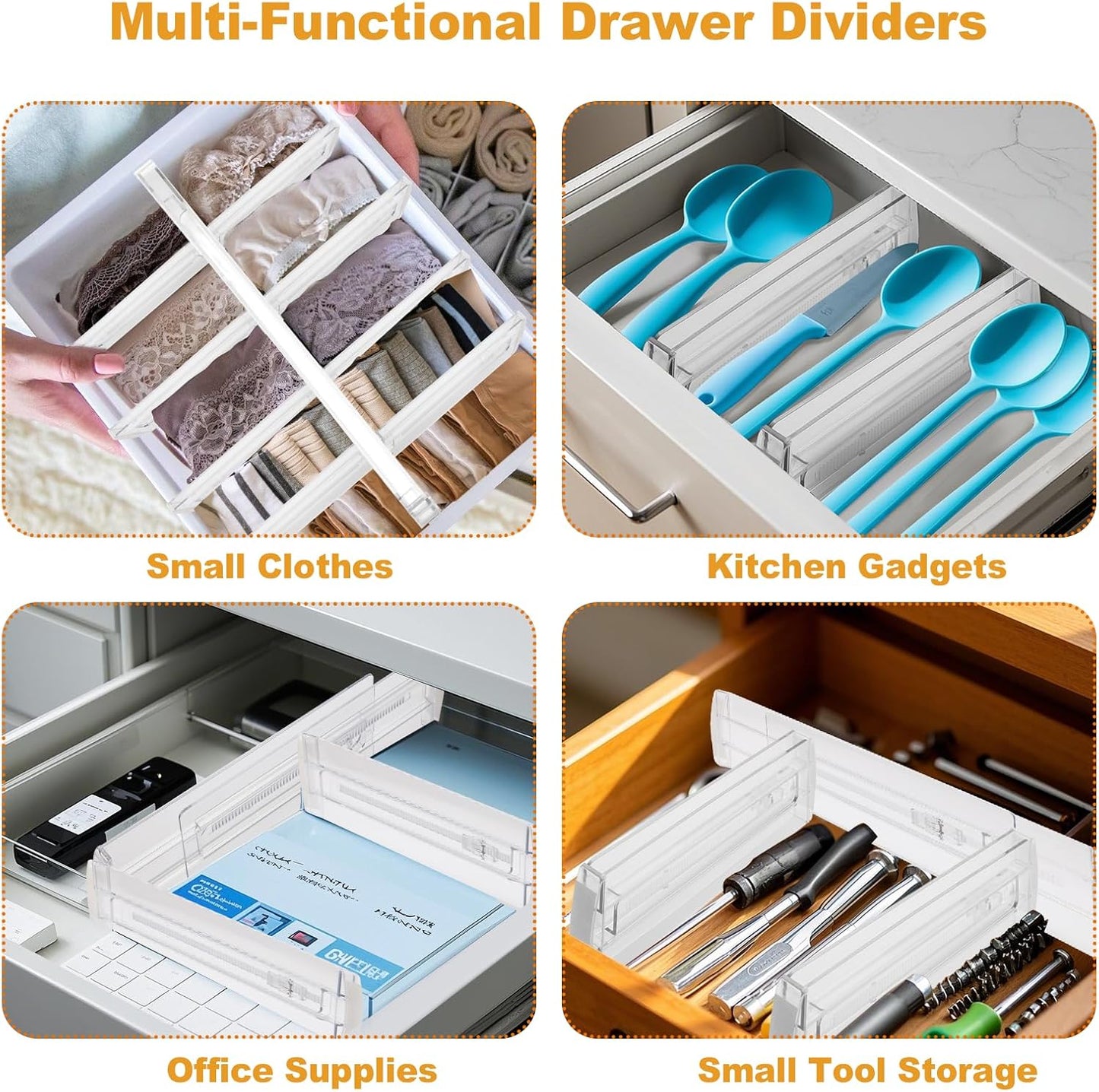 4 Pack Drawer Dividers for Clothes, 4" High 10"-17" Adjustable Drawer Dividers Expandable Dresser Drawer Organizers, Clear Drawer Separators for Clothes, Underwear, Baby Clothes, Cosmetic, Toiletries