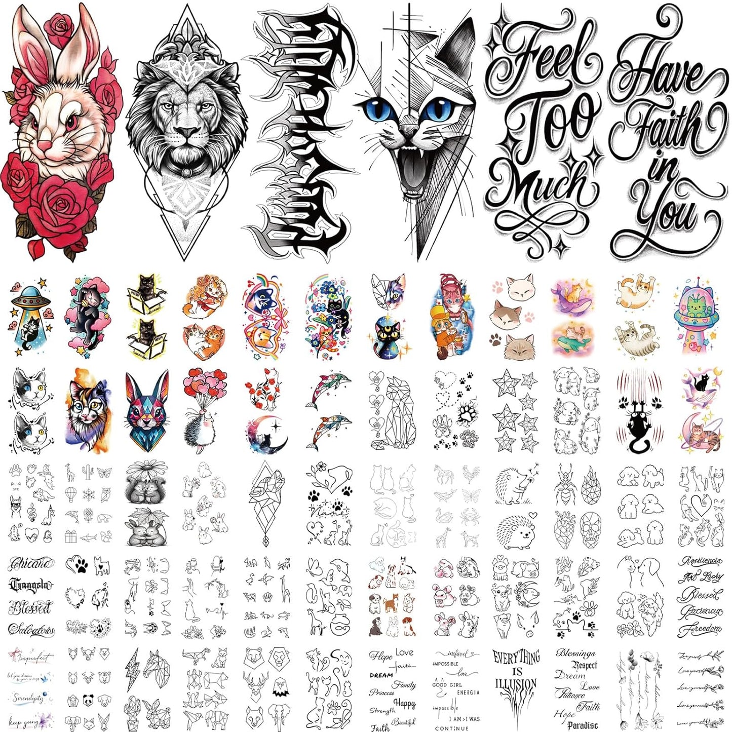 77 Sheets Temporary Tattoo, 17 Sheets Half Arm Cute Cat Dog Rabbit Lion Elephant Chest Tattoos for Adults Men Women, 60 Sheets Small Tattoos Stickers for Boys Girls Kids Body Art