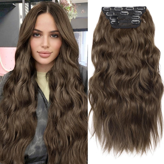 KooKaStyle Clip in Hair Extensions 4PCS Long Wavy Medium Brown Thick Hairpieces for Women Weft Natural Synthetic 20 Inch Daily Use