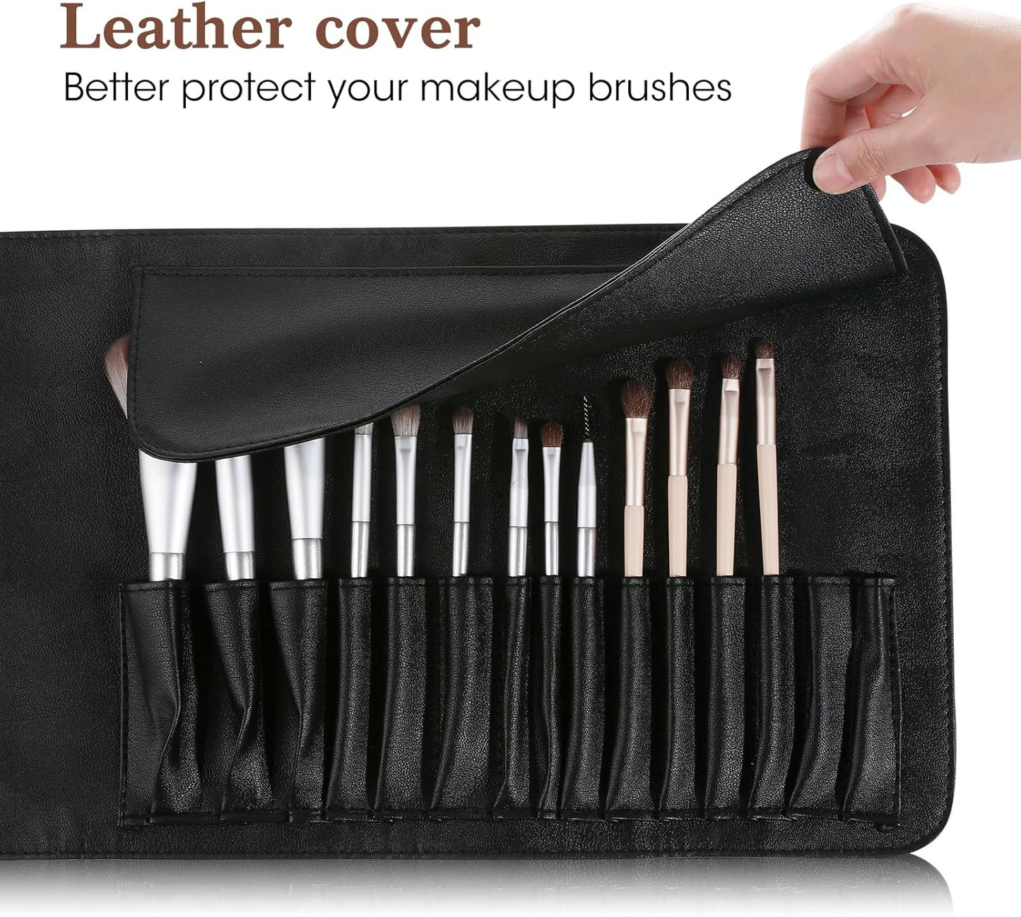 Makeup Brush Case Travel, Makeup Brush Case Roll Up, Brush Holder Organizer Pouch Cosmetic Bag for Travel, Rolling Bag Storage Case PU Leather
