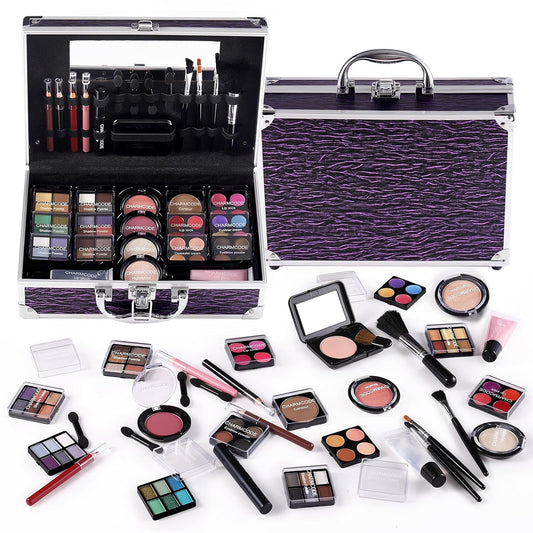 Makeup Kit for Teen Girls & Women Full Kit, Beauty Train Case with Starter Cosmetic Set, Make Up Christmas Gift Box with Eyeshadow,Lipgloss,Highlighter,Blush,Lip&Eye Pencils,Brush & More(Purple)