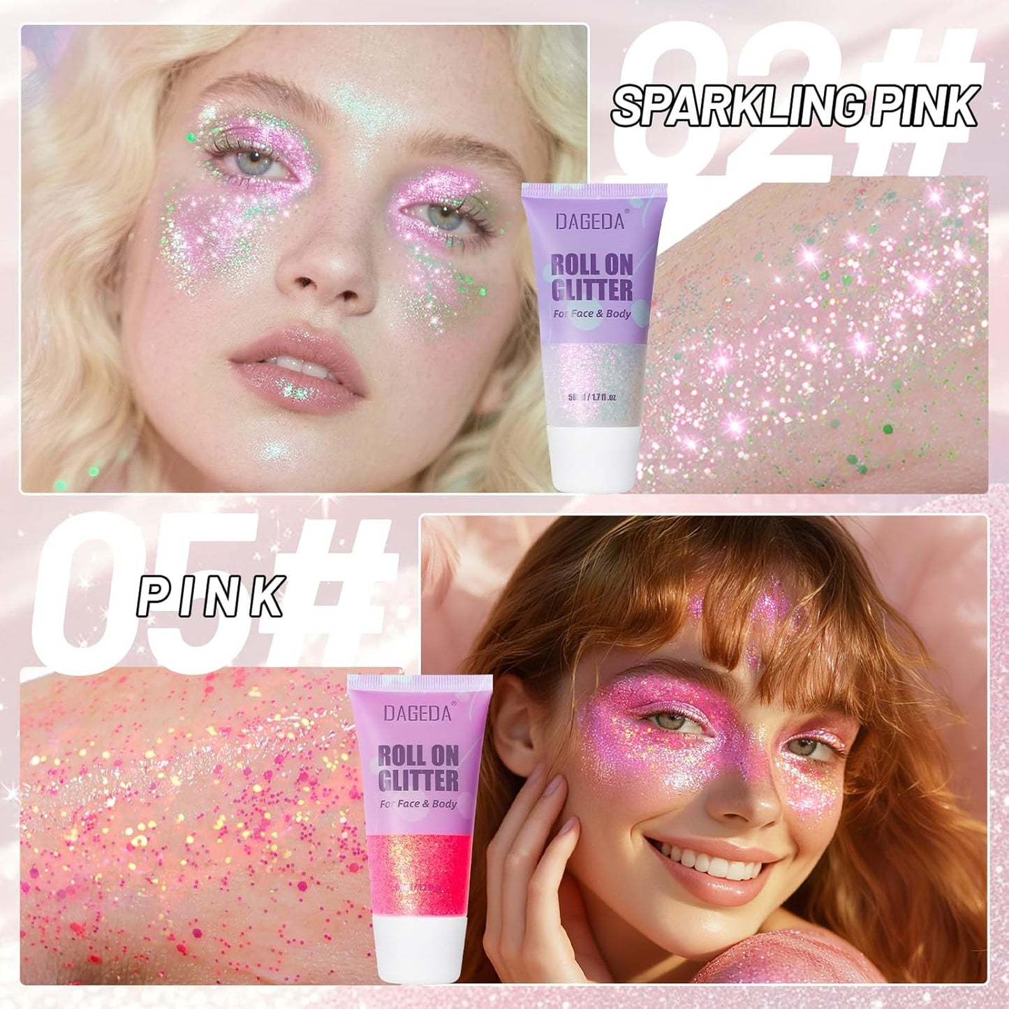 DAGEDA 2 Colors Roll-on Body Glitter, Eye Face Glitter Gel for Festival Outfit Mermaid Accessories,Holographic Color Body Shimmer Makeup Rave Outfits Accessories for Women(02+05)