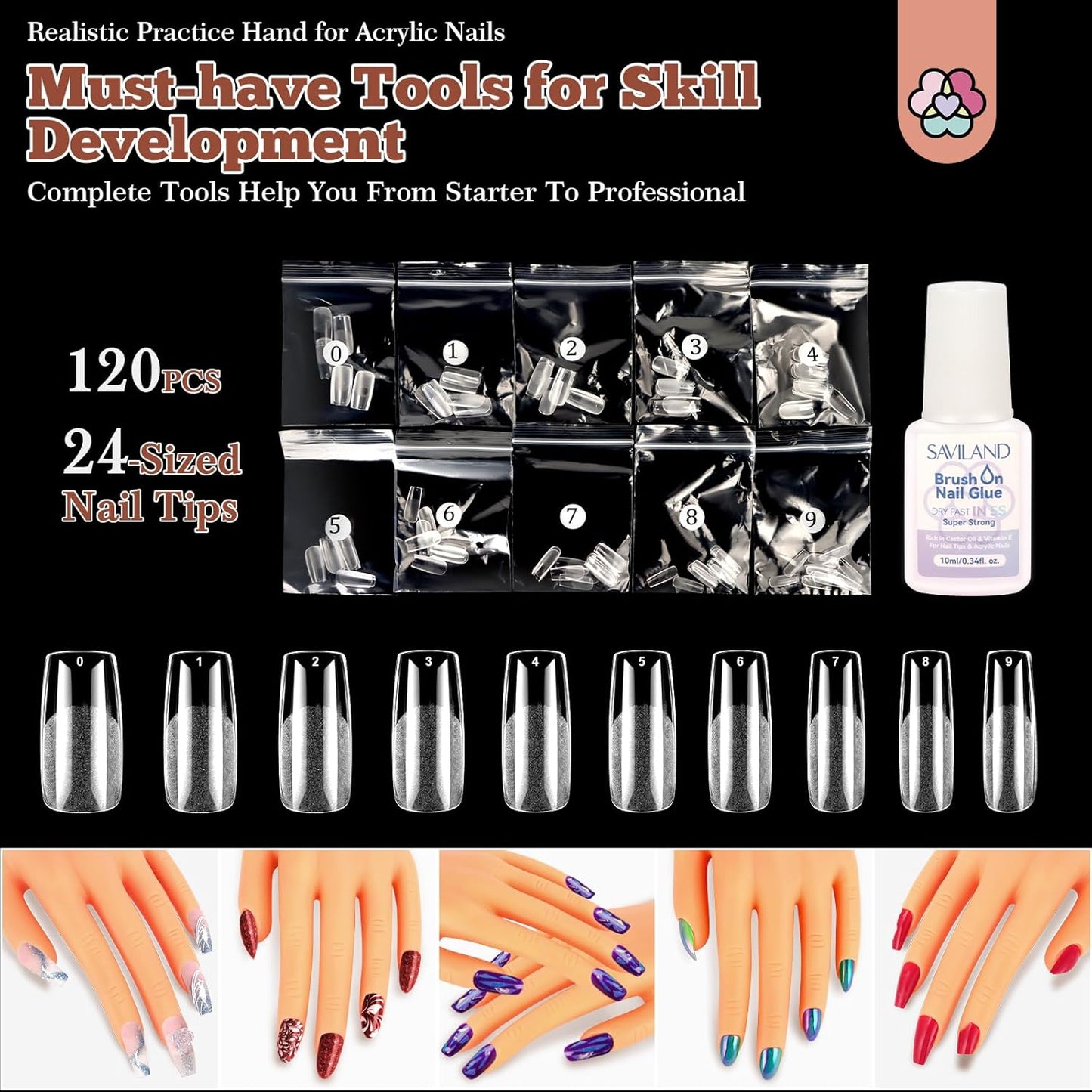 SAVILAND Practice Hand for Acrylic Nails: Flexible & Realistic Nail Practice Hand Mannequin Hand Silicone Nail Hand Practice with 120PCS Nail Tips Nail Glue for Beginners Manicure Training Home