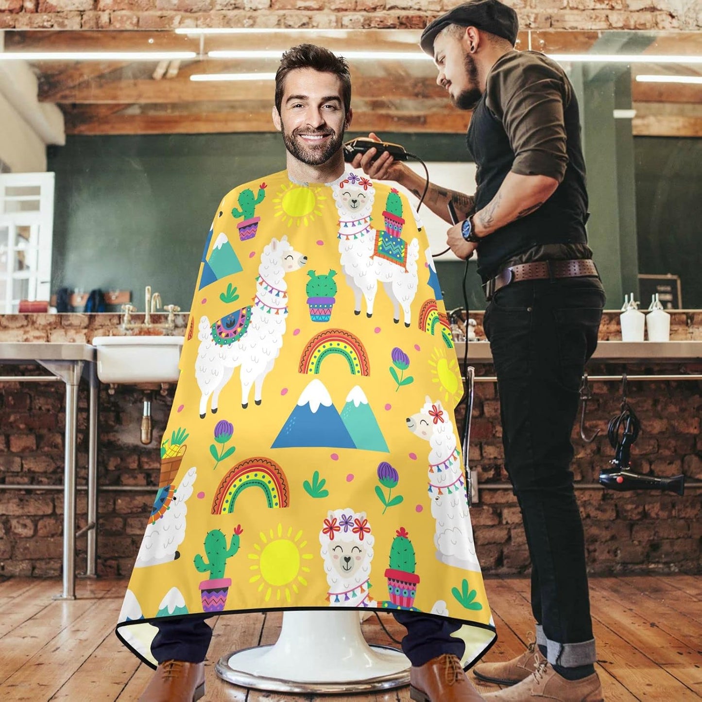 visesunny Barber Cape Funny Llama Cactus Polyester Hair Cutting Salon Cape Apron Anti-Static Haircut Water-Resistant Shaving Cloth Beard Shaving Bib Hairdressing Cape