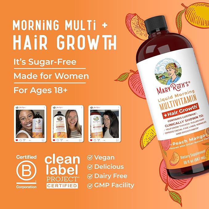 MaryRuth's Liquid Multivitamin + Hair Growth | Biotin 10000mcg | Lustriva Hair Growth Supplement | Clinically Tested in Women for Thicker Hair & Facial Wrinkle | Skin Care | Ages 18+ | 30 Fl Oz