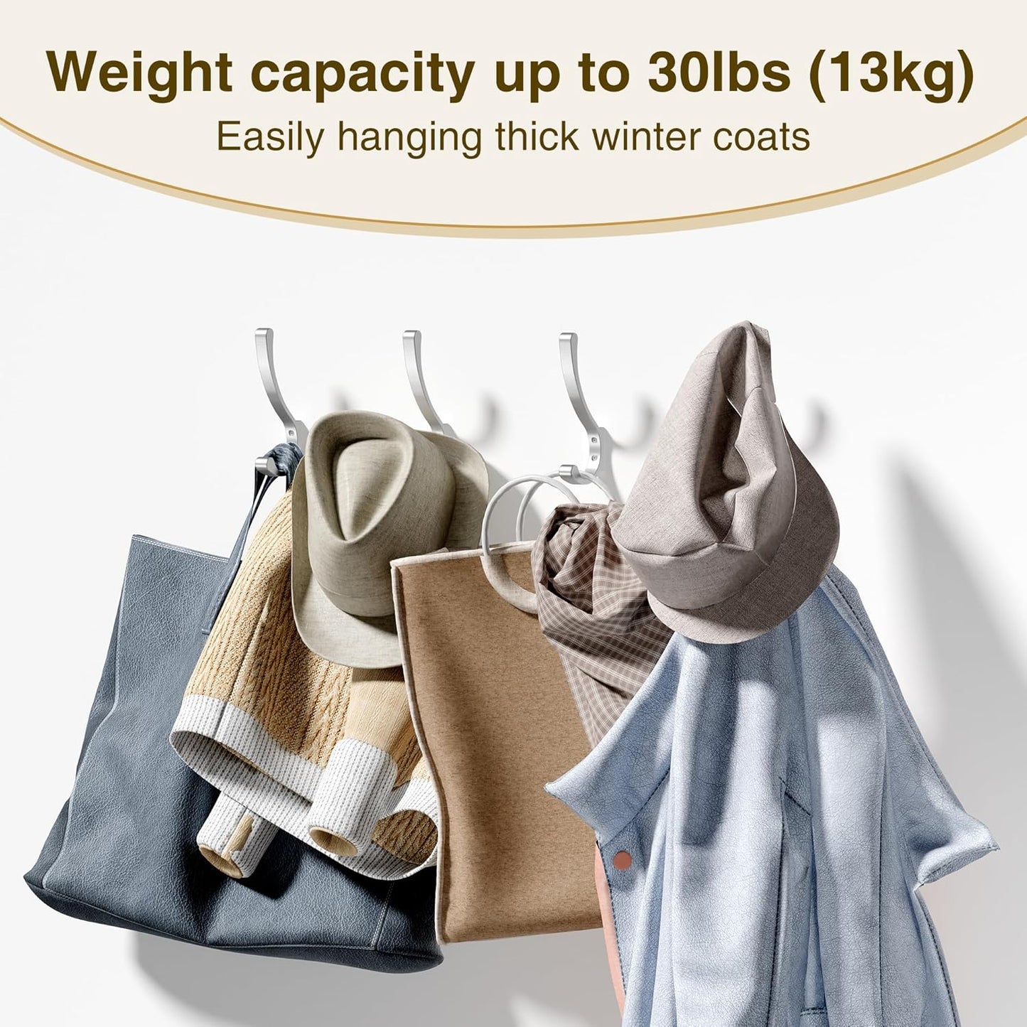 Coat Hooks Wall Mount Silver - Heavy Duty Wall Hooks for Hanging Backpacks, Towels, Bags, Hats, Clothes – Holds Up to 30 lbs - Large Metal Hooks for Closet, Bathroom, Mudroom, Door - 4 Pack