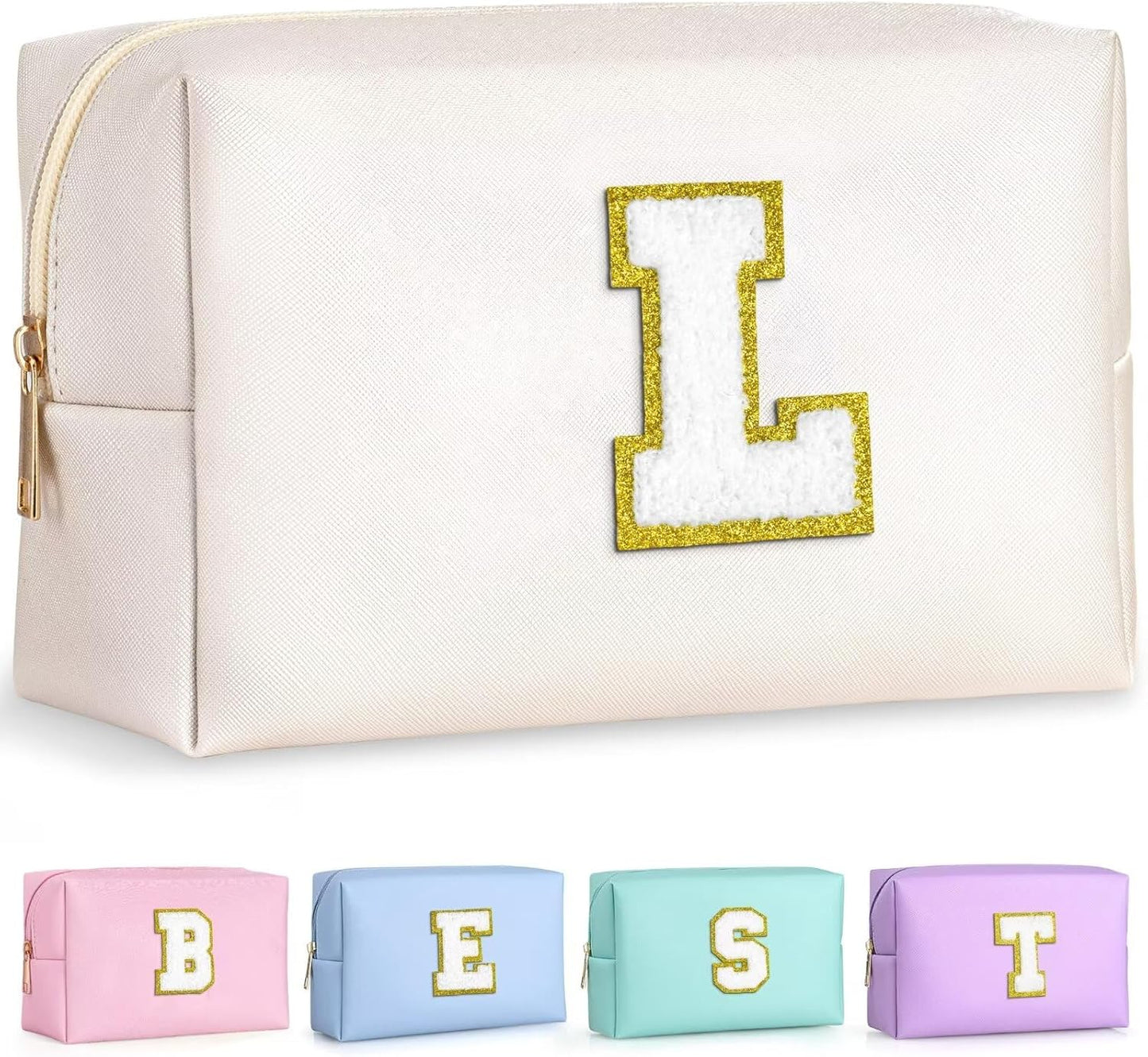 TOPEAST Personalized Birthday Gifts for Women, Preppy Patch Makeup Bag, Chenille Letter Pouch Cosmetic Bag, Travel Organizer, Gifts for Friends, Cute Stuff for Women (White L)
