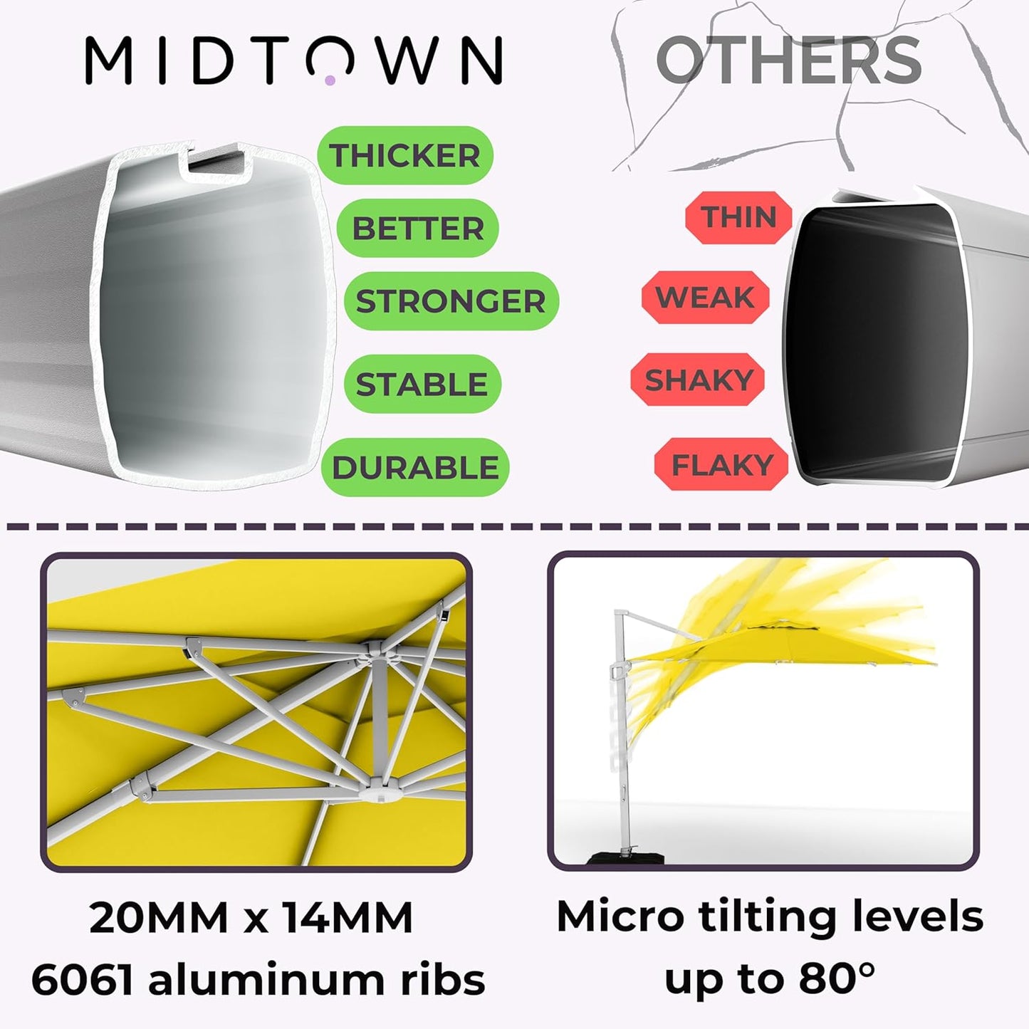 Midtown Umbrellas 10 Ft Outdoor Cantilever Patio Umbrella w/Terylast Sand Tan Fabric - Tilt 360° Offset Patio Umbrella, Deck Patio Umbrella, Backyard Umbrella & Garden Umbrella - Silver Frame